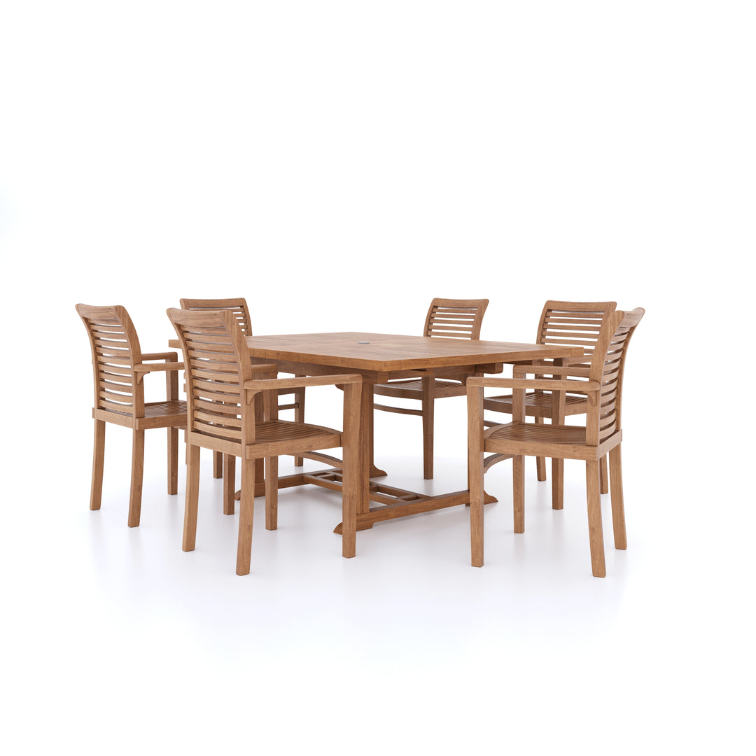 This is Eterna Homes sustainable teak garden furniture outdoor dining set consisting of our 120-170cm teak dining table, teak chairs and cushions. All of our teak wood is suitable for outdoor dining.