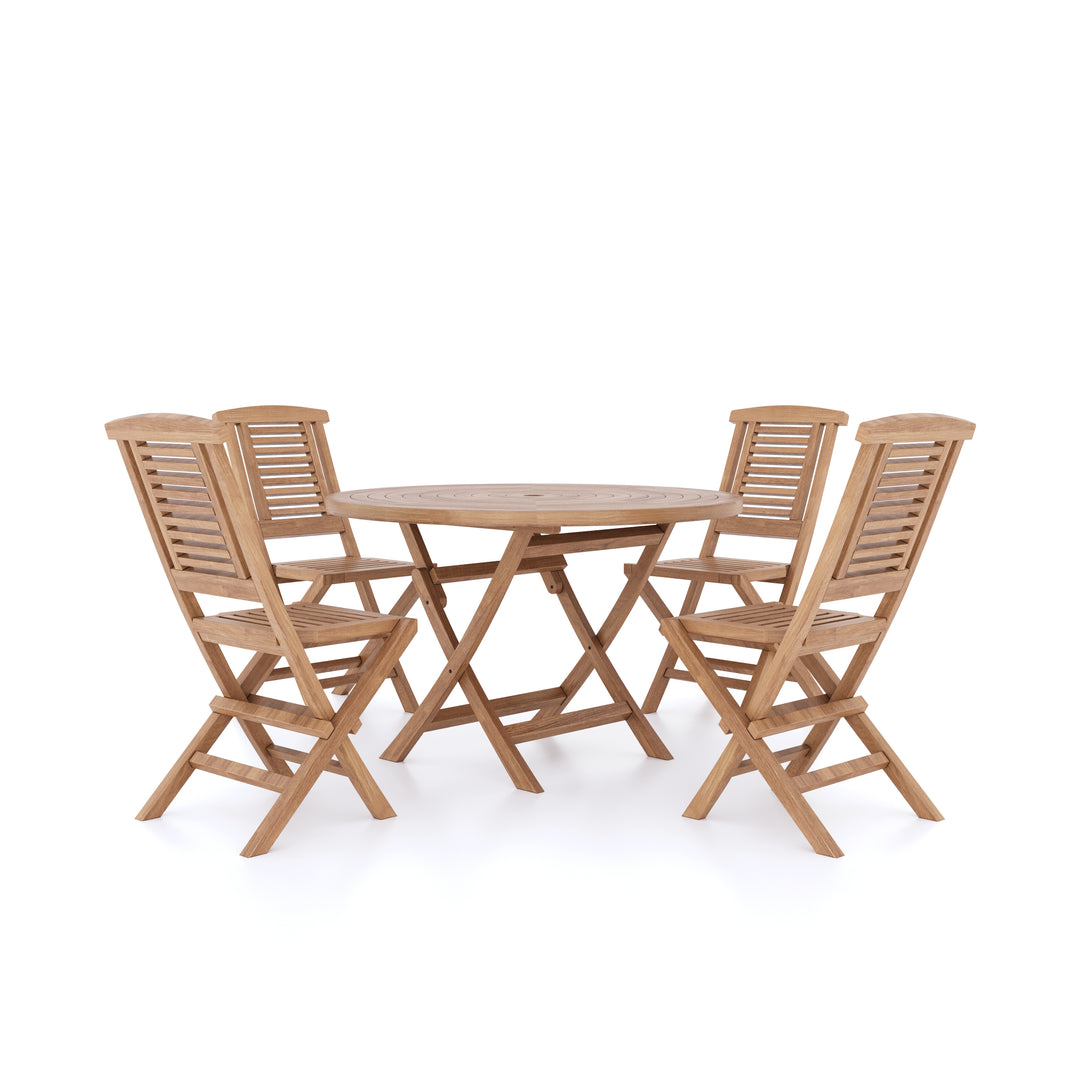 This is Eterna Homes sustainable teak garden furniture outdoor dining set consisting of our 120cm teak dining table, teak chairs and cushions. All of our teak wood is suitable for outdoor dining.
