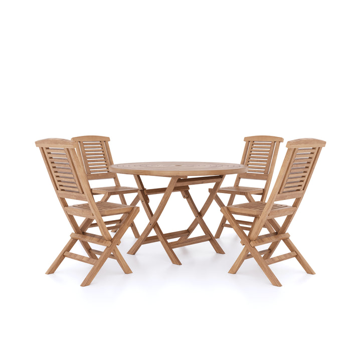 This is Eterna Homes sustainable teak garden furniture outdoor dining set consisting of our 120cm teak dining table, teak chairs and cushions. All of our teak wood is suitable for outdoor dining.