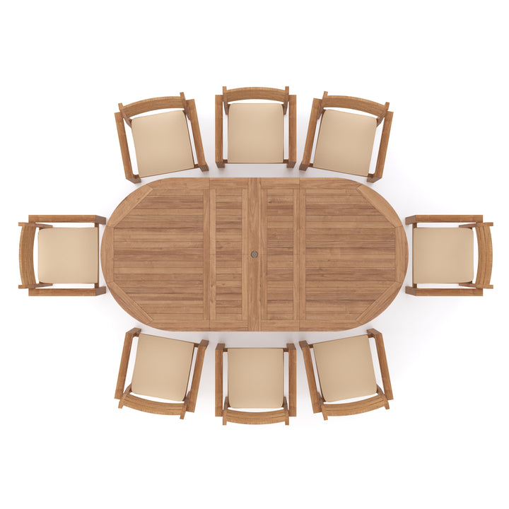 Top view of 180-240cm Teak Oval Table and 8 Marlow Chairs