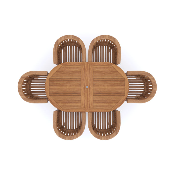 Top view of  Teak Round to Oval 120-170cm Extending Table with 6 San Francisco Chairs Cushions included.