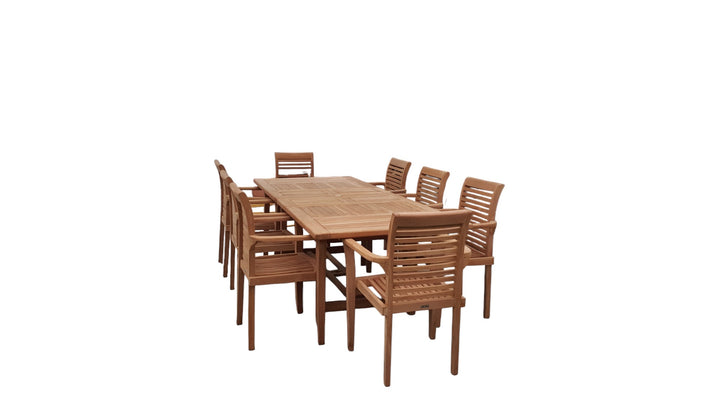 This is Eterna Homes sustainable teak garden furniture outdoor dining set consisting of our 180-240cm teak dining table, teak chairs and cushions. All of our teak wood is suitable for outdoor dining.