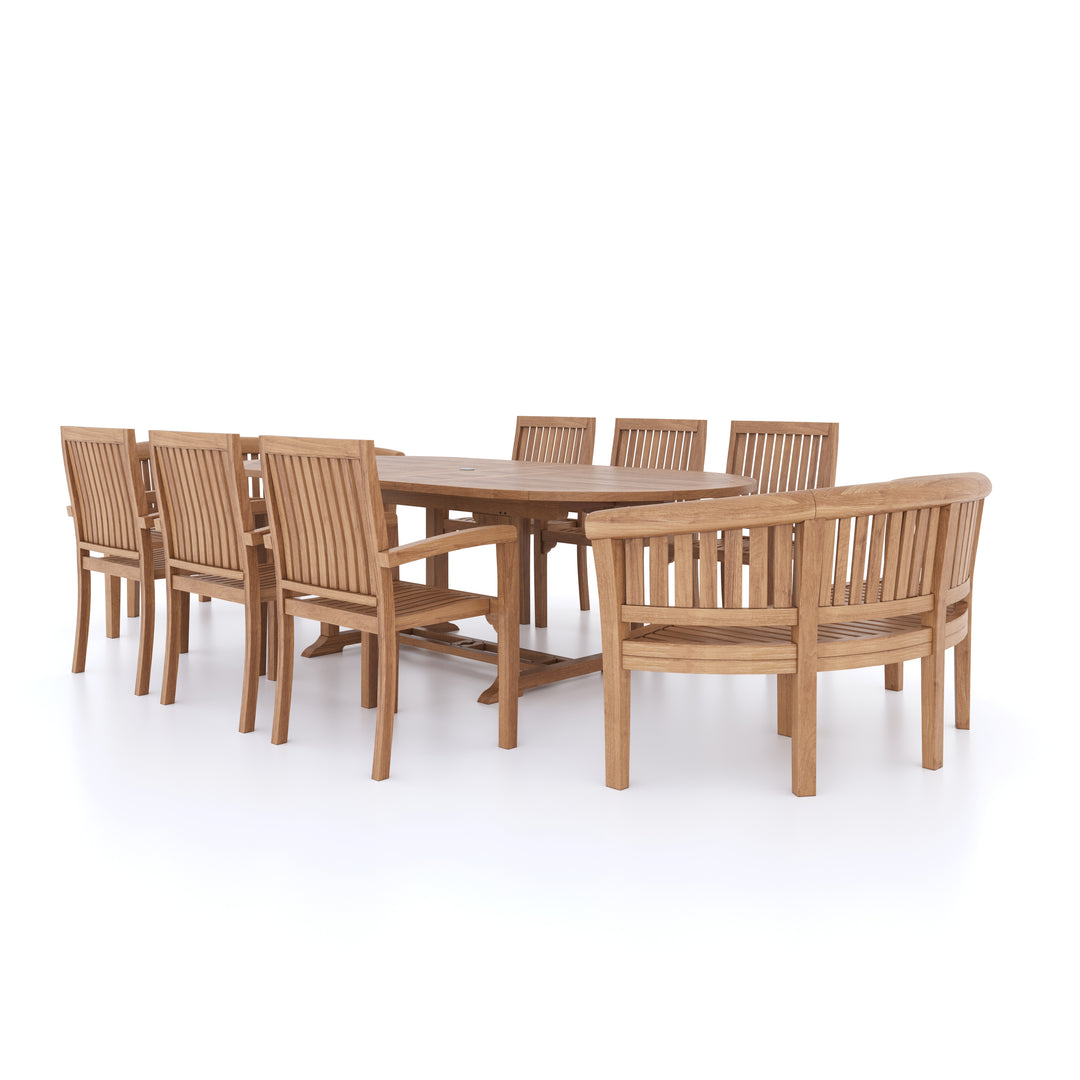 This is Eterna Homes sustainable teak garden furniture outdoor dining set consisting of our 180-240cm teak dining table, teak chairs, teak benches and cushions. All of our teak wood is suitable for outdoor dining. 