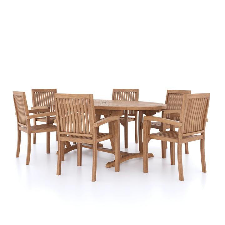 This is Eterna Homes sustainable teak garden furniture outdoor dining set consisting of our 2m teak dining table, teak chairs and cushions. All of our teak wood is suitable for outdoor dining.