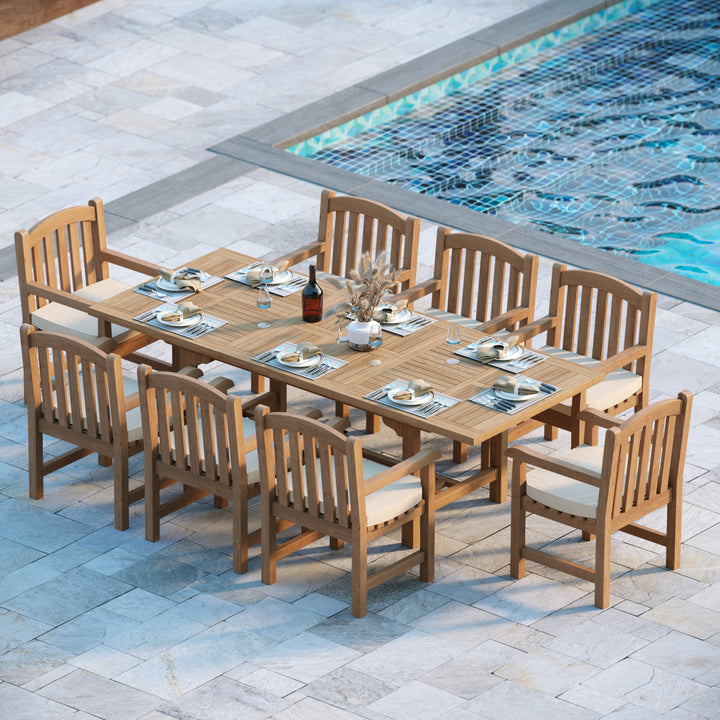 Oslo Teak 180-240cm Rectangle Extending Table 4cm Top (with 8 Warwick Chairs) Cushions included.