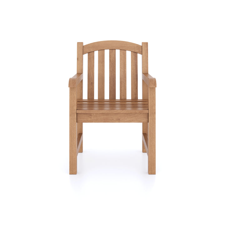 This is Eterna Homes sustainable teak garden furniture outdoor dining chairs, consisting of strong teak stacking chairs and cushions. All of our teak wood is suitable for outdoor dining.