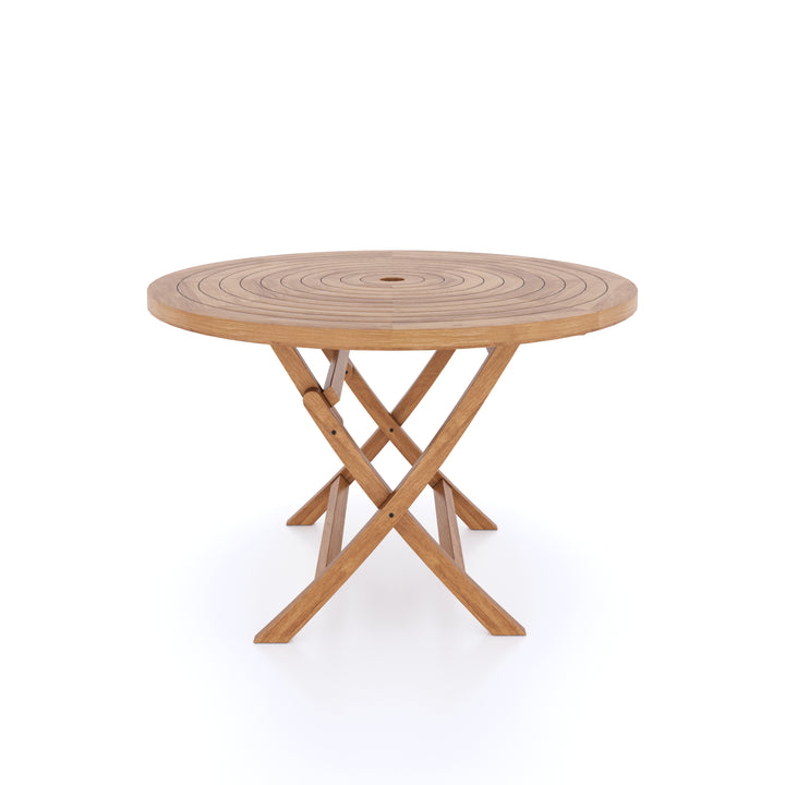 This is Eterna Homes sustainable teak garden furniture outdoor dining table, consisting of our 120cm round teak table. Our teak wood is suitable for outdoor dining.