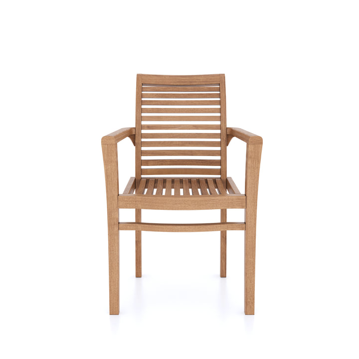 This is Eterna Homes sustainable teak garden furniture outdoor dining chairs, consisting of our teak stacking chairs and cushions. All of our teak wood is suitable for outdoor dining.