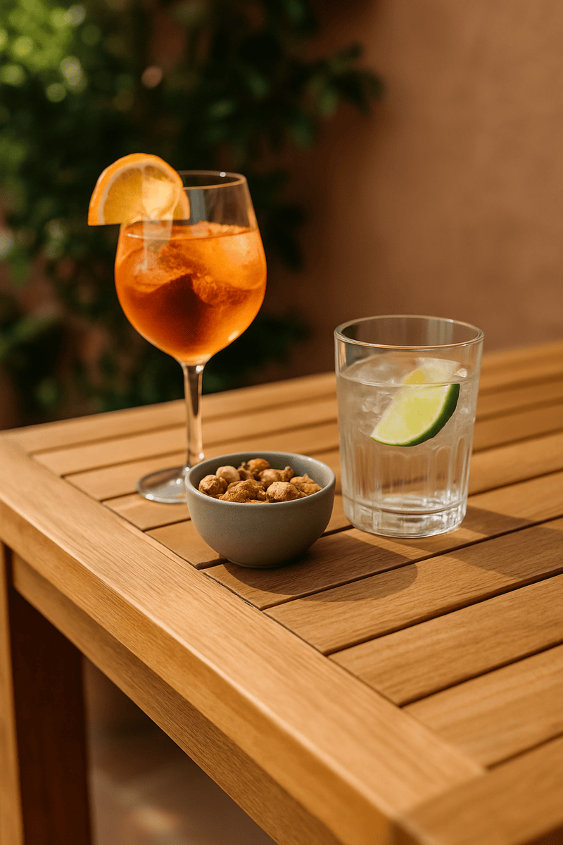 Outdoor teak table with refreshing summer cocktails and snacks in the garden