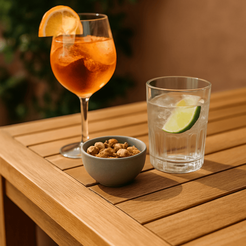 Outdoor teak table with refreshing summer cocktails and snacks in the garden