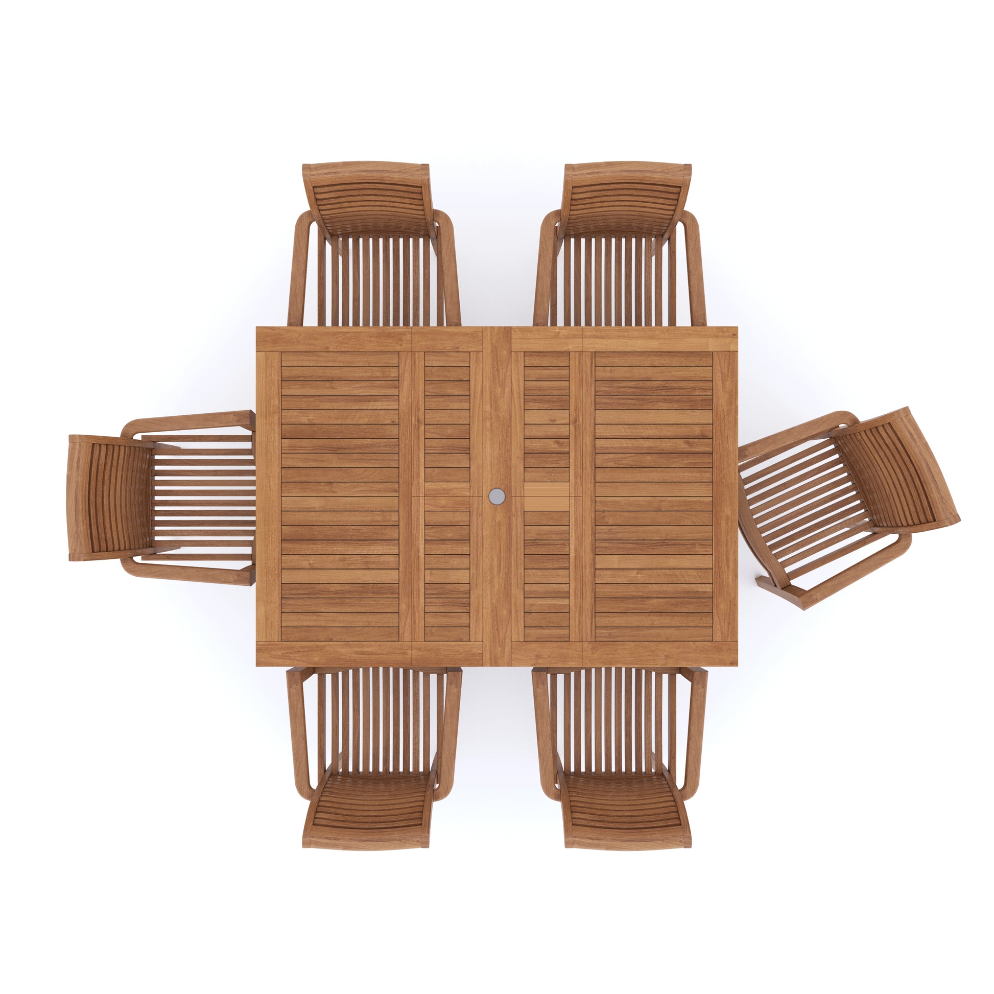 Top view of Teak Square to Rectangle 120-170cm Extending Table 4cm Top  with 6 Oxford Stacking Chairs