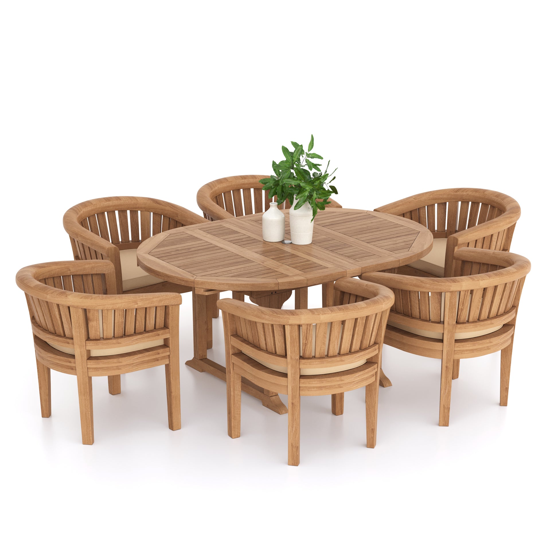 Teak Round to Oval 120-170cm Extending Table, 4cm Top (6 San Francisco Chairs) Cushions included.