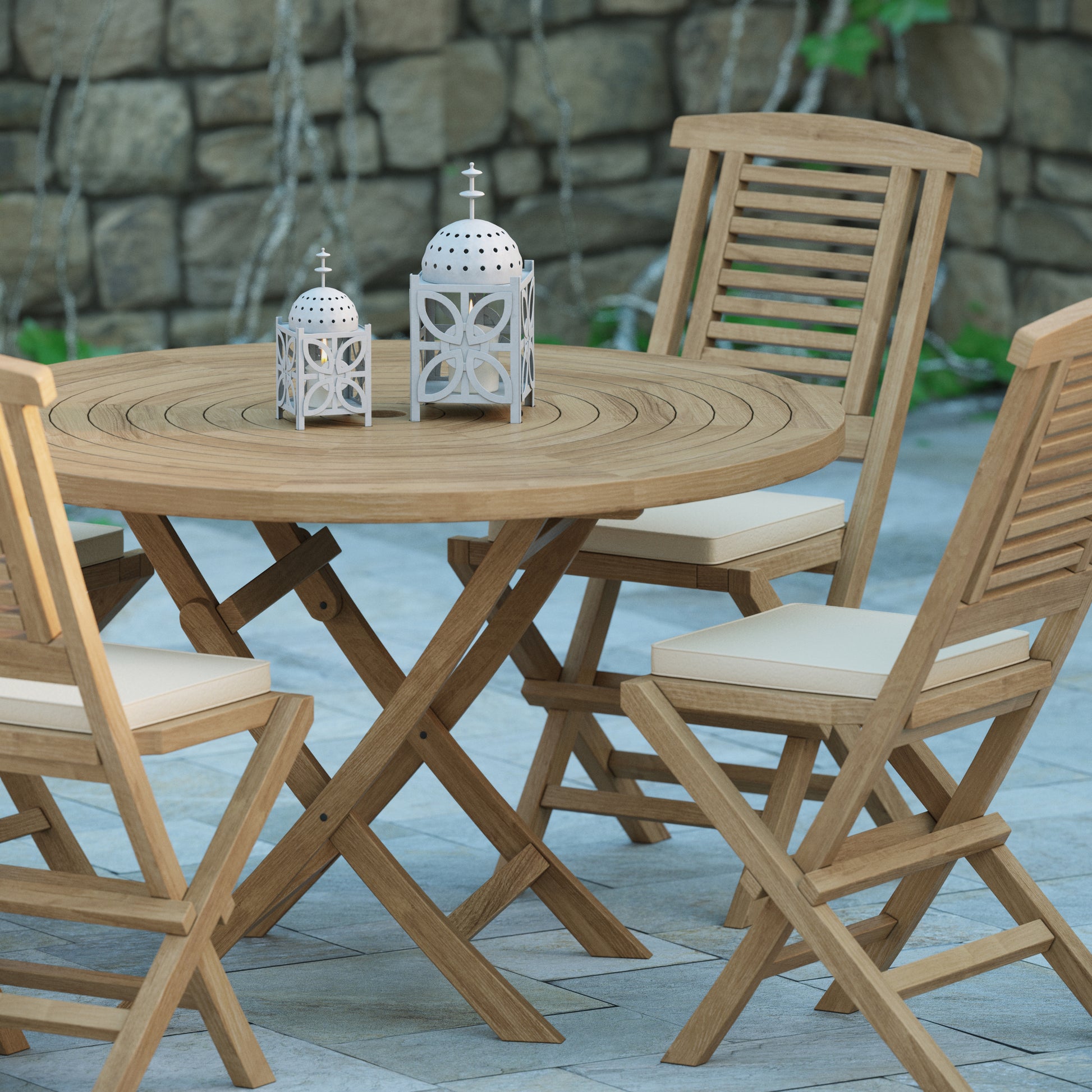 Sora Teak Set 120cm Spiral Folding Table (4 Hampton Folding Chairs) Cushions included.