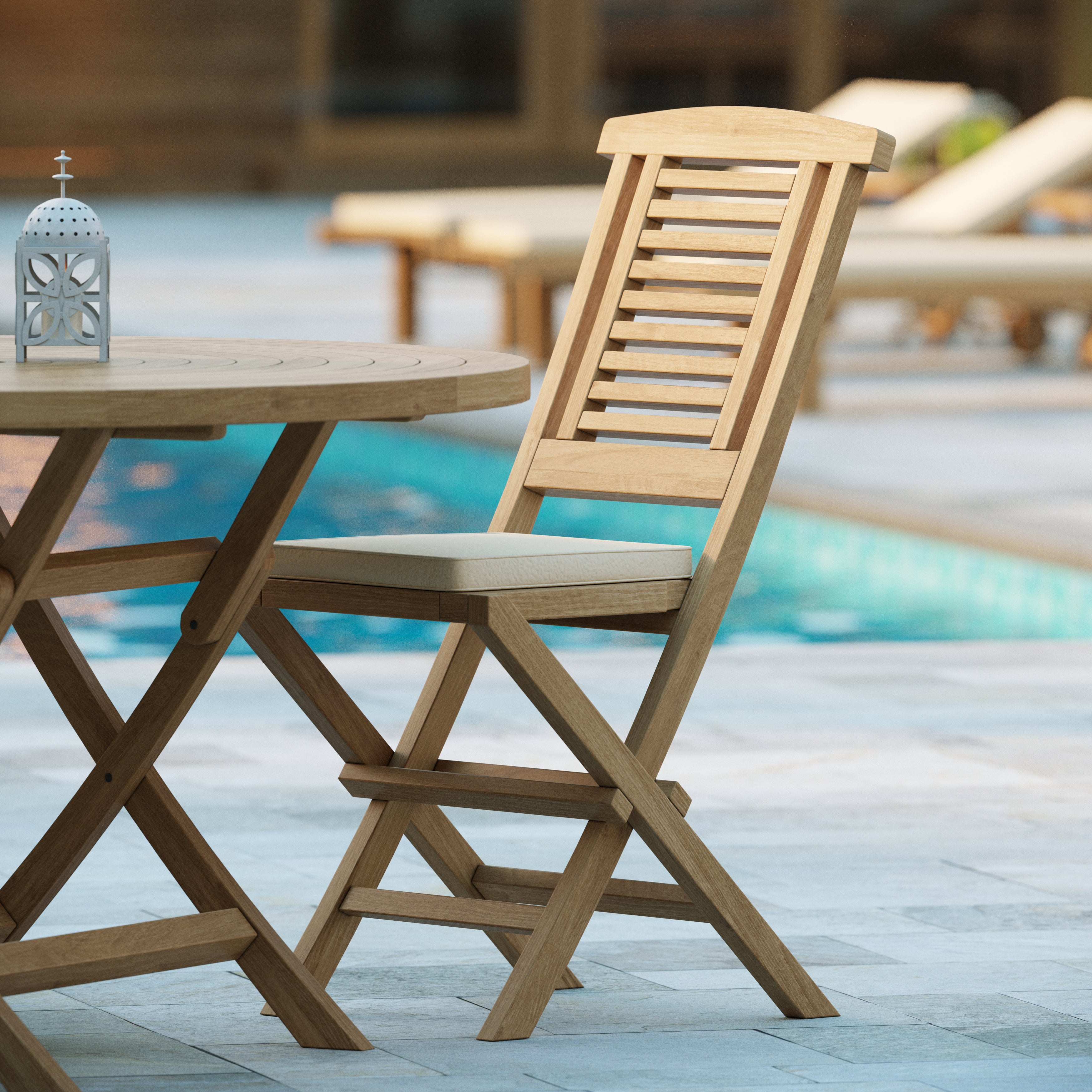 Two Hampton Teak Folding Chairs with Cushions.