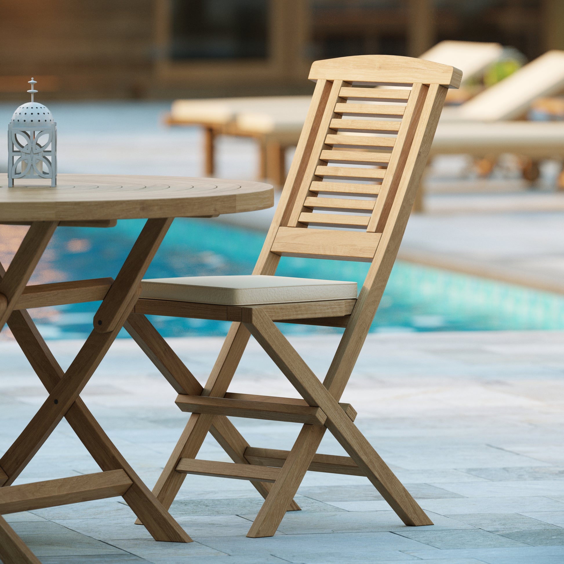 Two Hampton Teak Folding Chairs with Cushions.