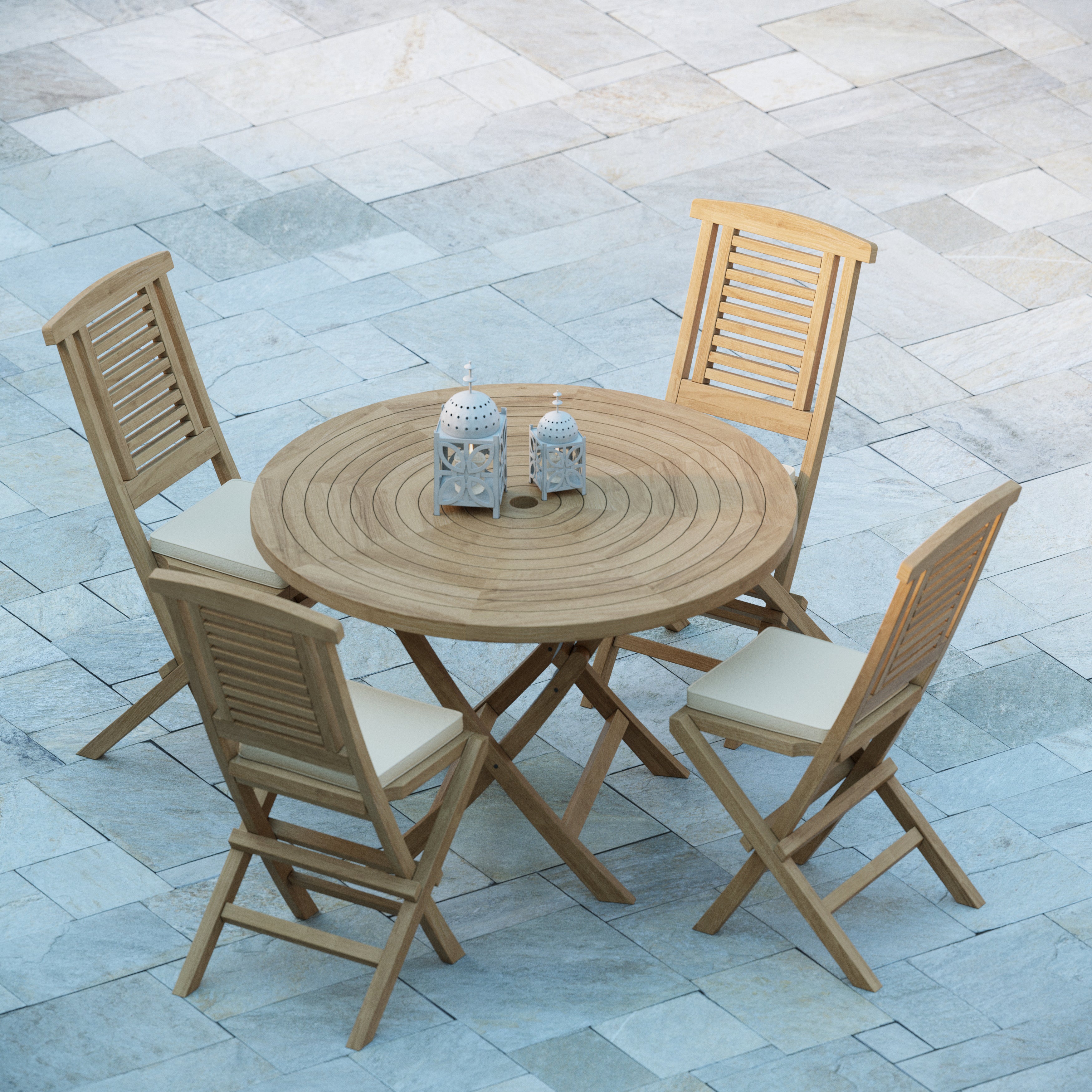 Sora Teak Set 120cm Spiral Folding Table (4 Hampton Folding Chairs) Cushions included.