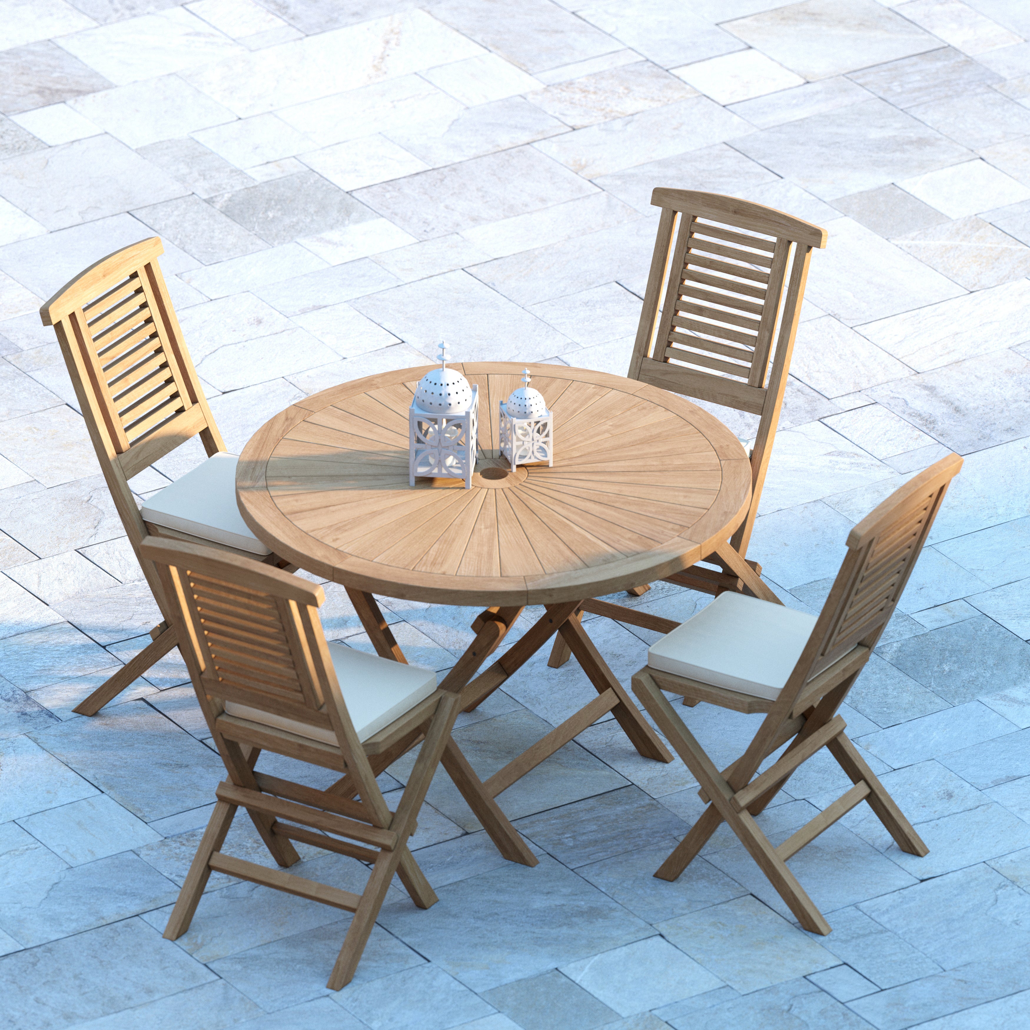 Teak Set 120cm Sunshine Folding Table (4 Folding Chairs) Cushions included.