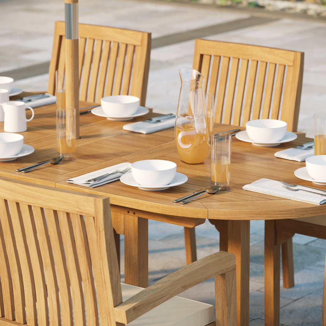 Harpa Teak Oval 180-240cm Extending Table 4cm Top (8 Henley Stacking Chairs) cushions included.