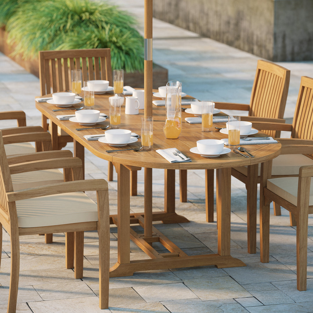 Harpa Teak Oval 180-240cm Extending Table 4cm Top (8 Henley Stacking Chairs) cushions included.