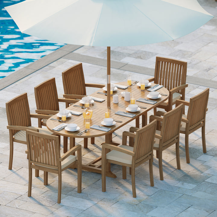 Harpa Teak Oval 180-240cm Extending Table 4cm Top (8 Henley Stacking Chairs) cushions included.