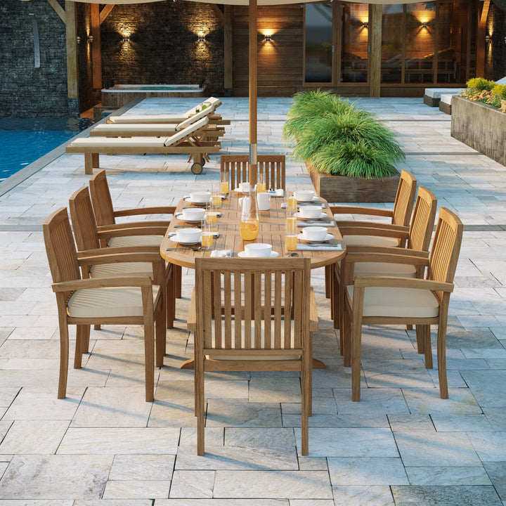 Harpa Teak Oval 180-240cm Extending Table 4cm Top (8 Henley Stacking Chairs) cushions included.