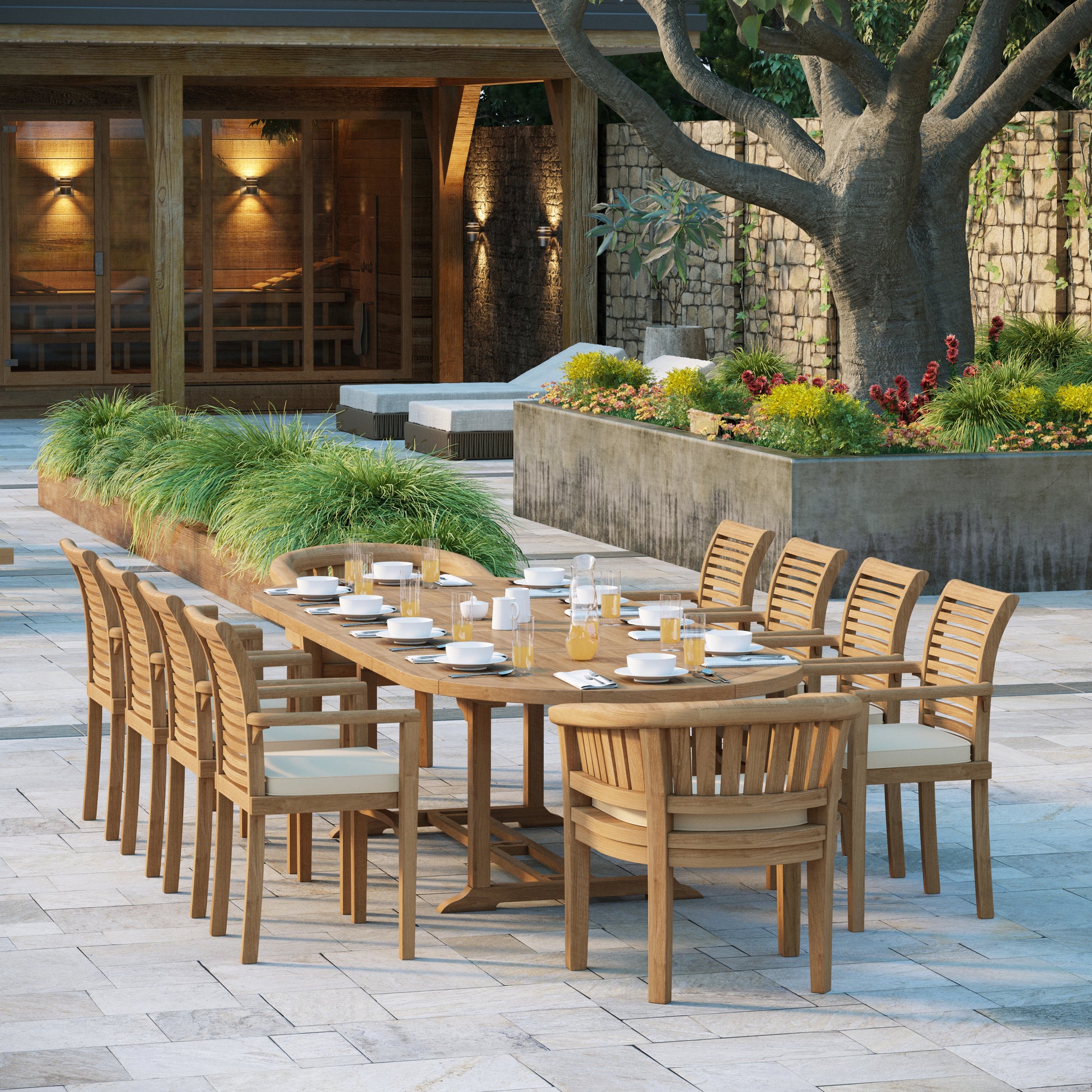 Food on teak outdoor dining table set
