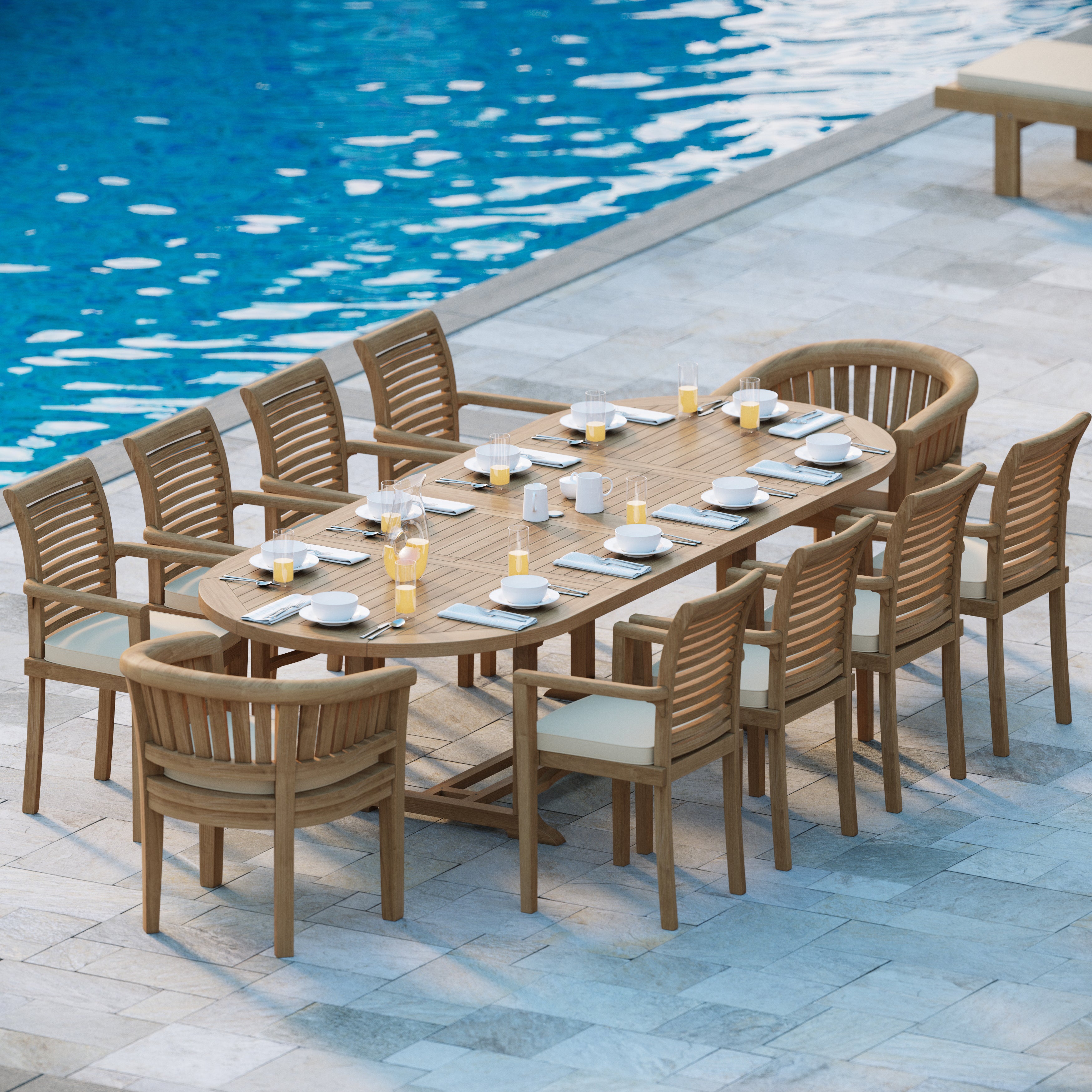 Milano Teak 200-300cm Oval Extending Table 4cm Top with 8 Oxford Stacking Chairs, 2 San Francisco Chairs
