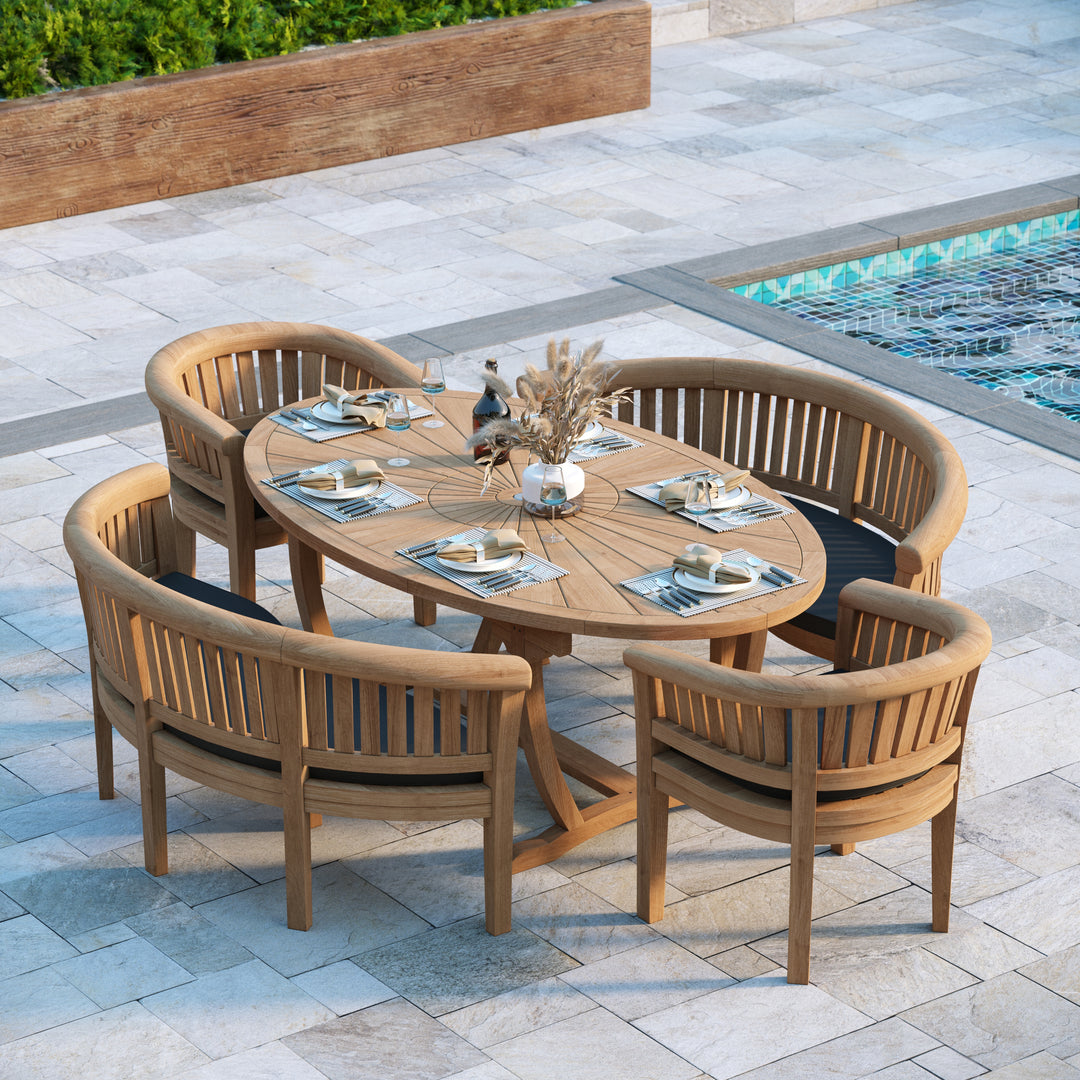 Monaco Teak Set 2m Sunshine table 4cm Top (with 2 San Francisco Chairs and 2 Benches) Cushions included.
