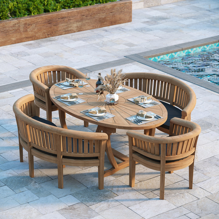 Monaco Teak Set 2m Sunshine table 4cm Top (with 2 San Francisco Chairs and 2 Benches) Cushions included.