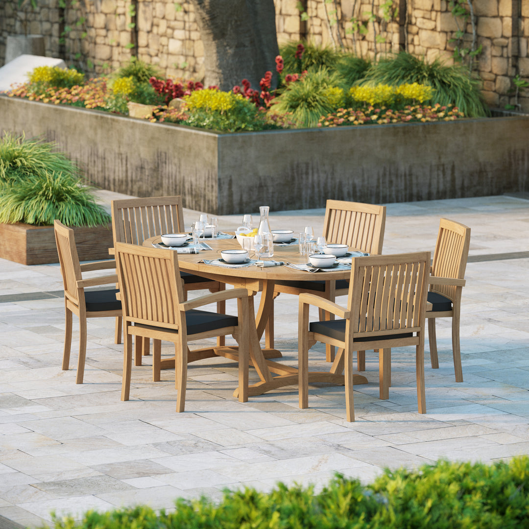 Rimini Teak Set 2m Sunshine table 4cm Top (with 6 Henley Stacking Chairs) Cushions included.