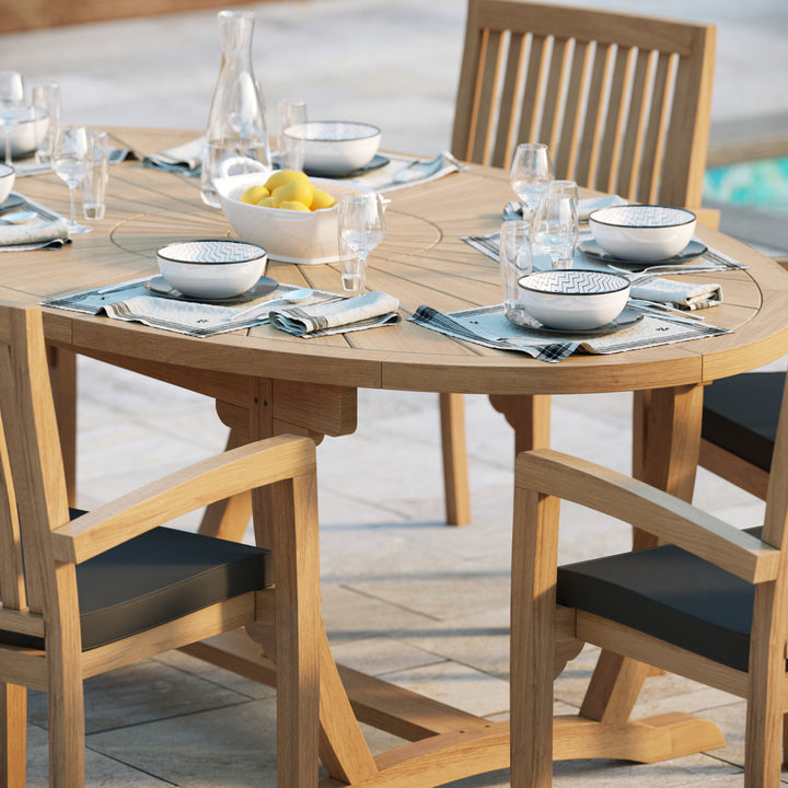 Rimini Teak Set 2m Sunshine table 4cm Top (with 6 Henley Stacking Chairs) Cushions included.