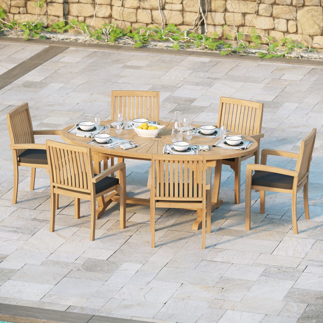 Rimini Teak Set 2m Sunshine table 4cm Top (with 6 Henley Stacking Chairs) Cushions included.