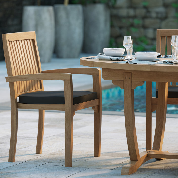 Rimini Teak Set 2m Sunshine table 4cm Top (with 6 Henley Stacking Chairs) Cushions included.