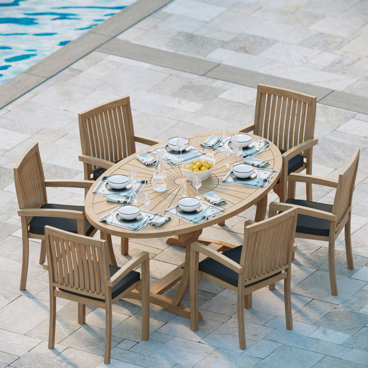 Rimini Teak Set 2m Sunshine table 4cm Top (with 6 Henley Stacking Chairs) Cushions included.