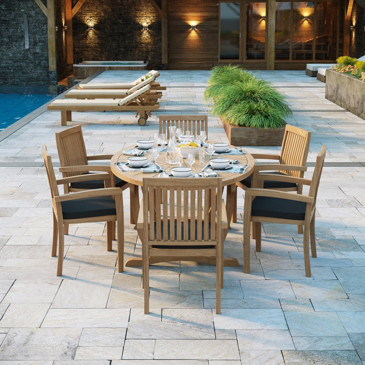 Rimini Teak Set 2m Sunshine table 4cm Top (with 6 Henley Stacking Chairs) Cushions included.