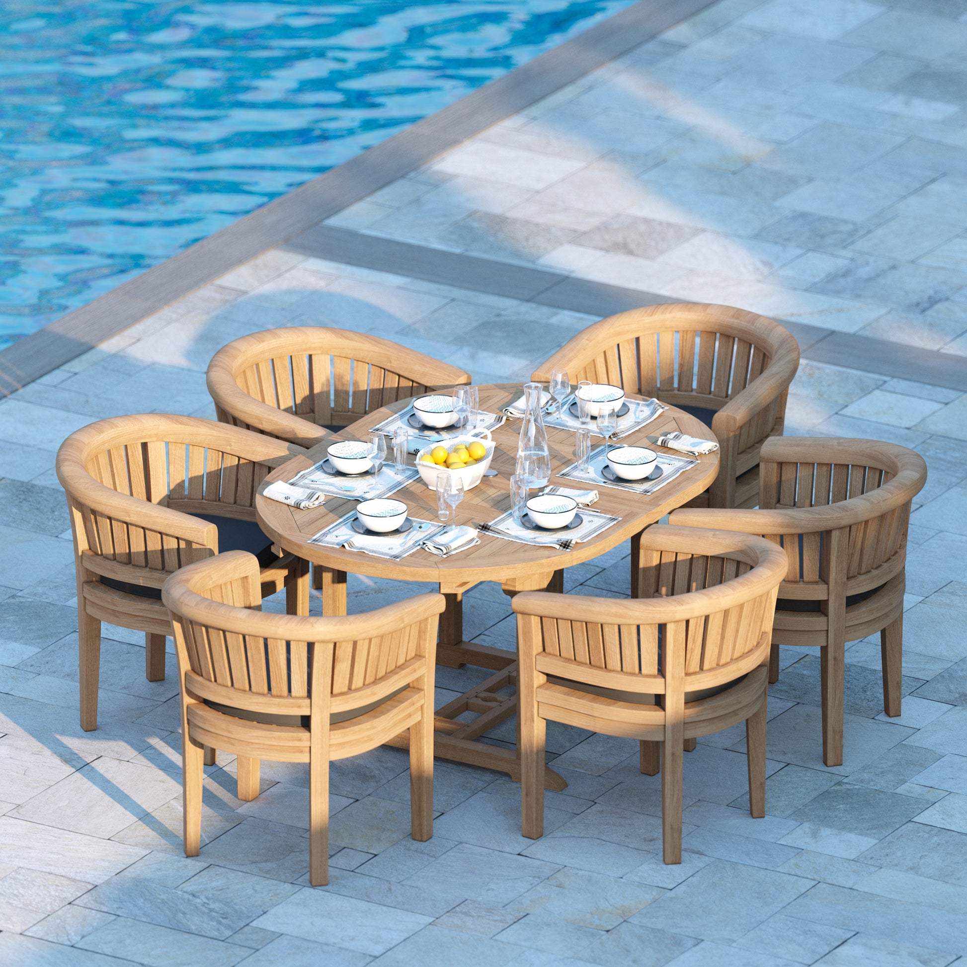 Faro Teak Round to Oval 120-170cm Extending Table, 4cm Top (6 San Francisco Chairs) Cushions included.