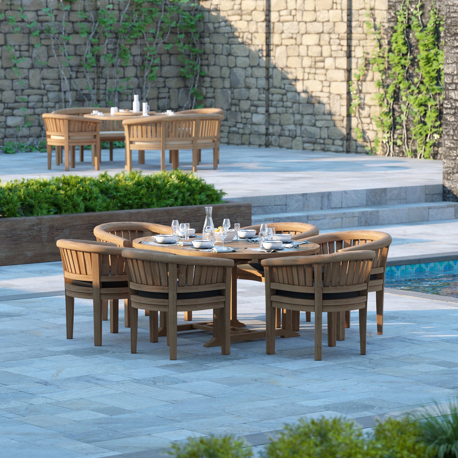 Teak Round to Oval 120-170cm Extending Table with 6 San Francisco Chairs Cushions included.