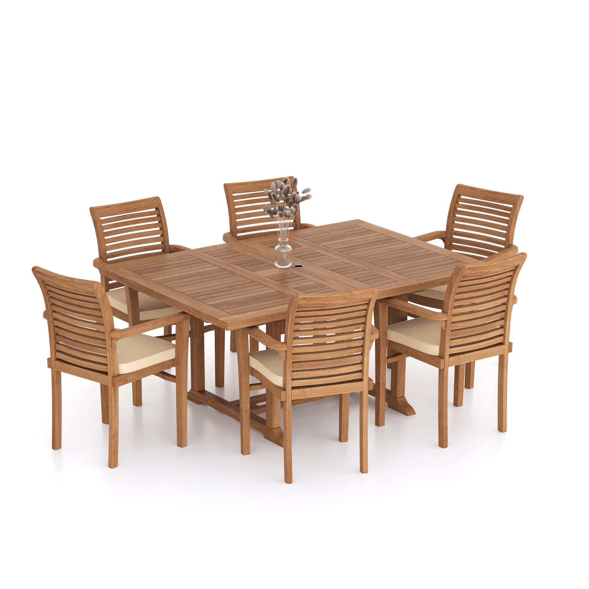 Side view of Teak Square to Rectangle 120-170cm Extending Table 4cm Top  with 6 Oxford Stacking Chairs