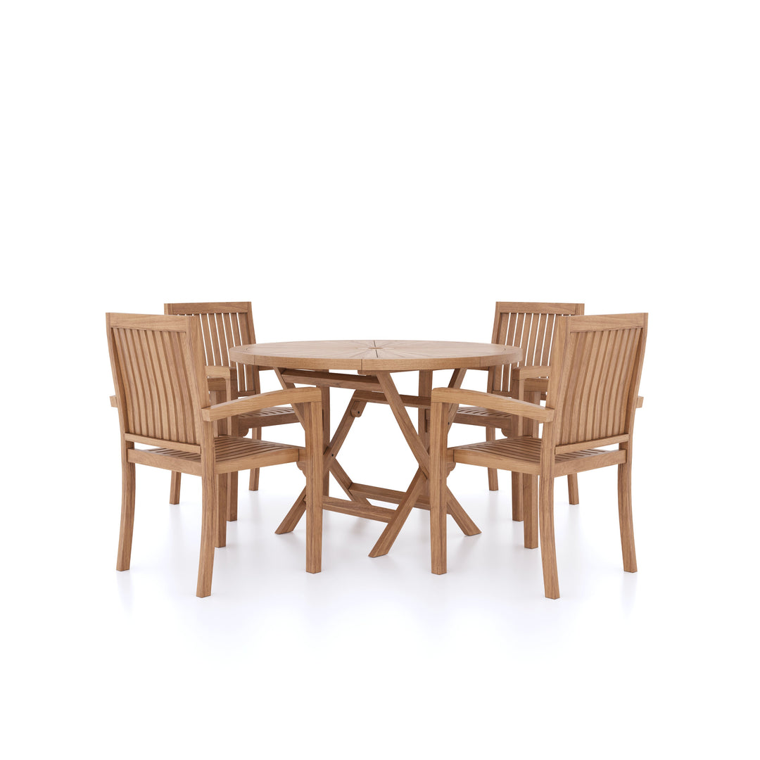 This is Eterna Homes sustainable teak garden furniture outdoor dining set consisting of our 120cm teak dining table, teak chairs and cushions. All of our teak wood is suitable for outdoor dining. 