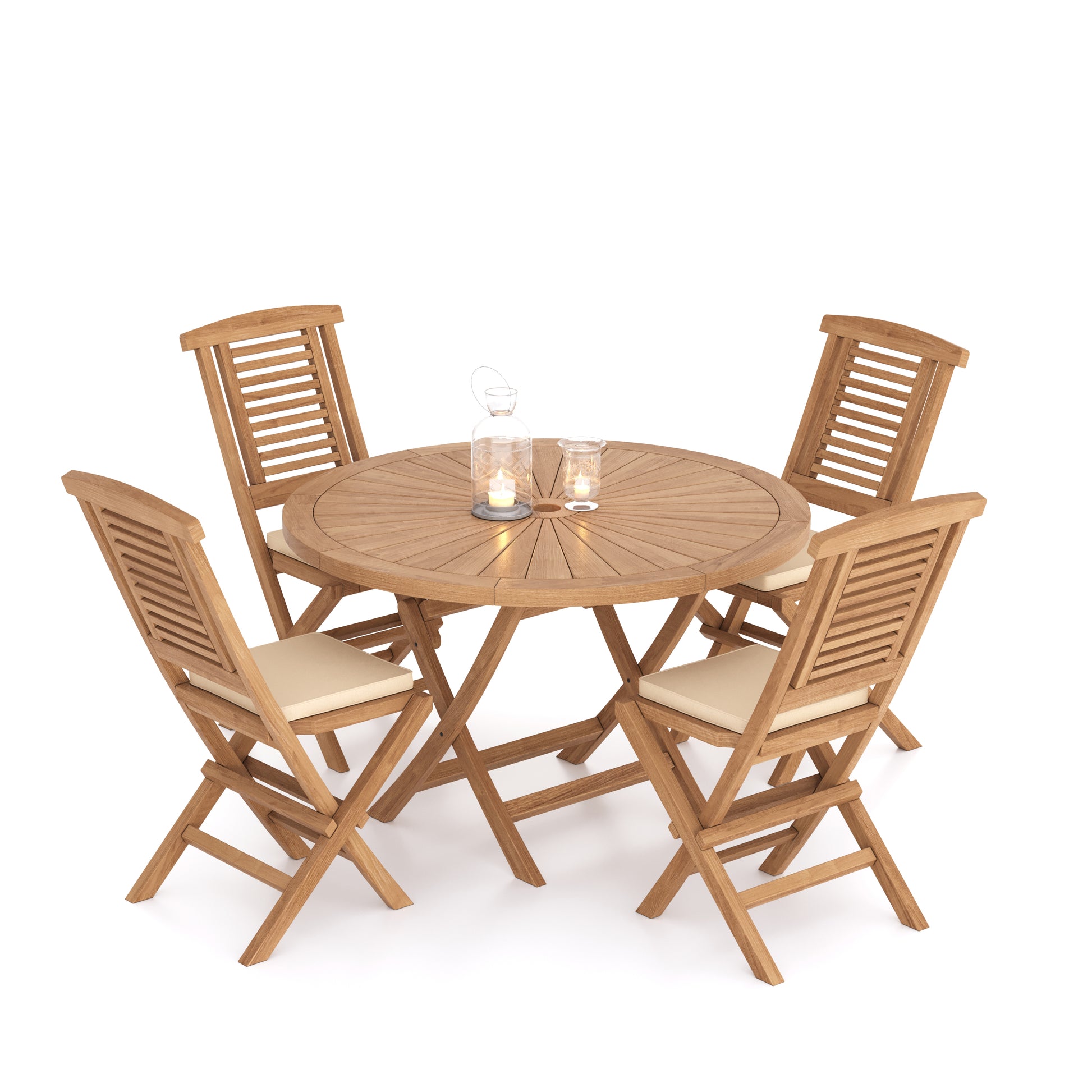 Teak  Sunshine Folding Table (4 Folding Chairs) Cushions included.