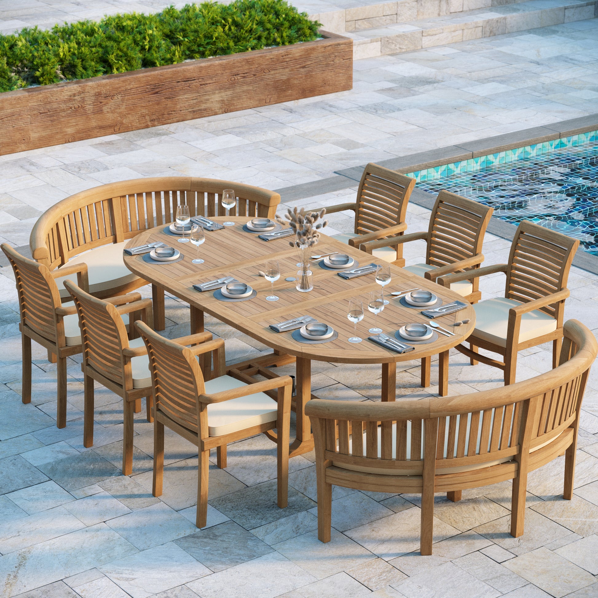  180-240cm oval teak table set with 6 oxford stacking chairs and 2 san francisco benches