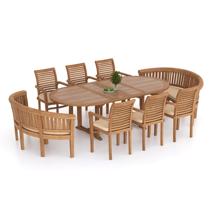 Corfu Teak 180-240cm Oval Extending Table 4cm Top (6 Oxford Stacking Chairs 2 San Francisco Benches) Cushions included.