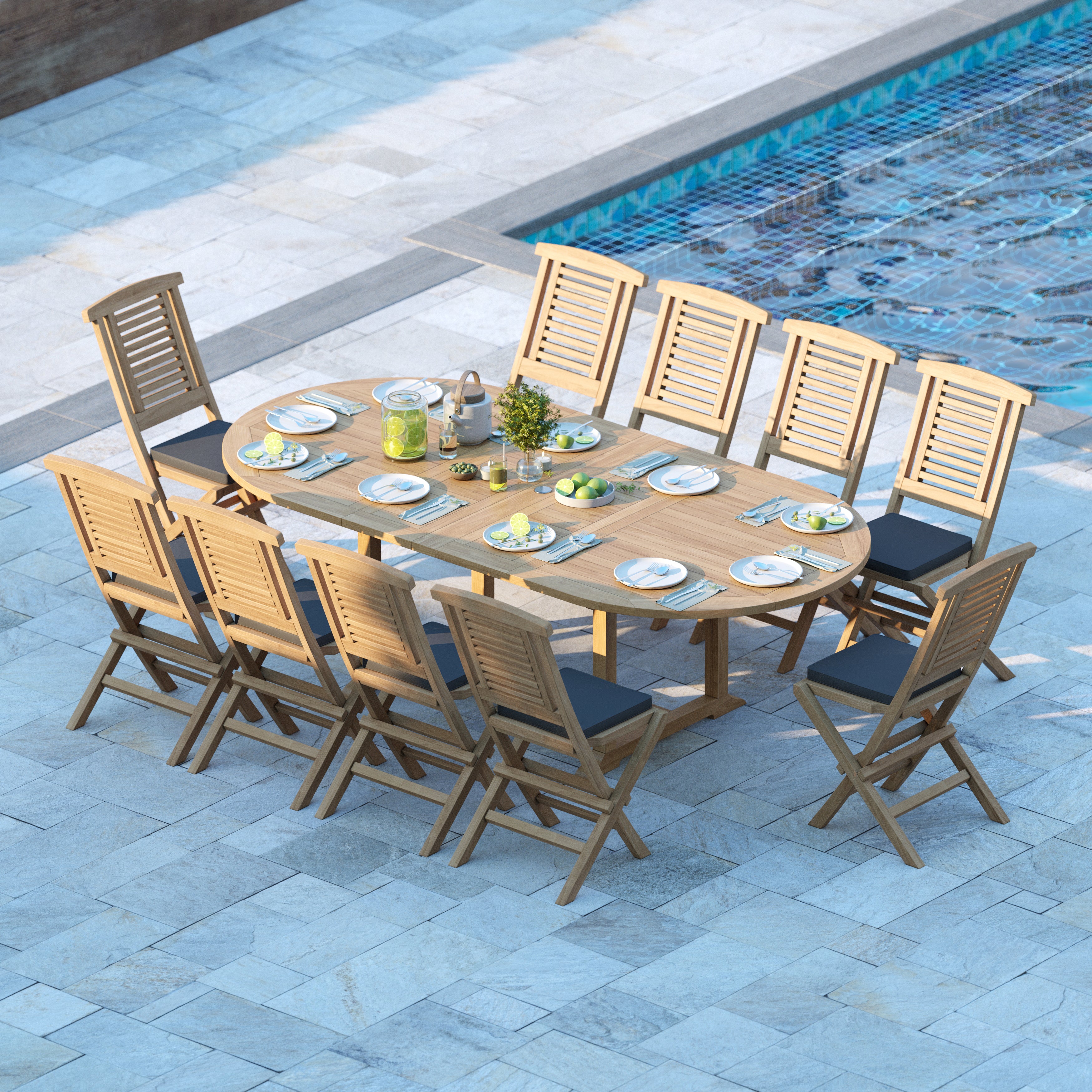 180-240cm oval teak table set with 8 hampton folding chairs