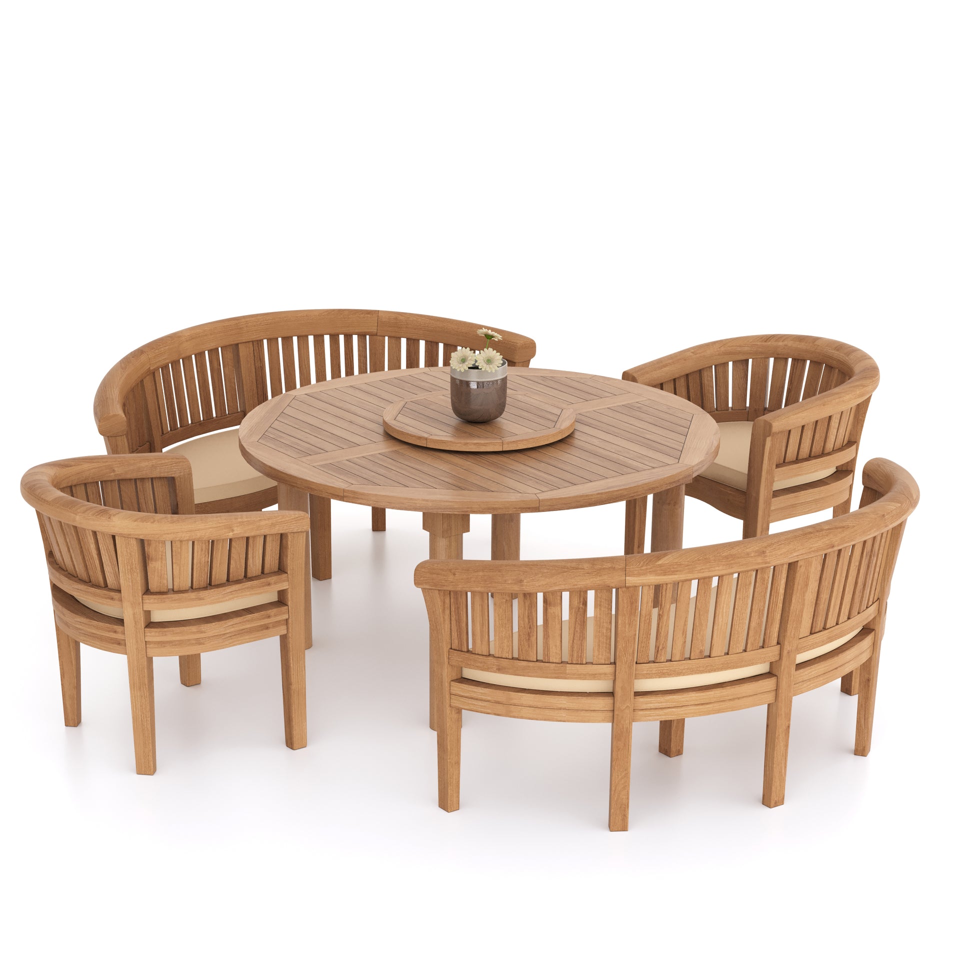 Bercial Set 150cm Maximus Round Teak Table 4cm Table Top (2 San Francisco Benches, 2 San Francisco Chairs) Cushions included.