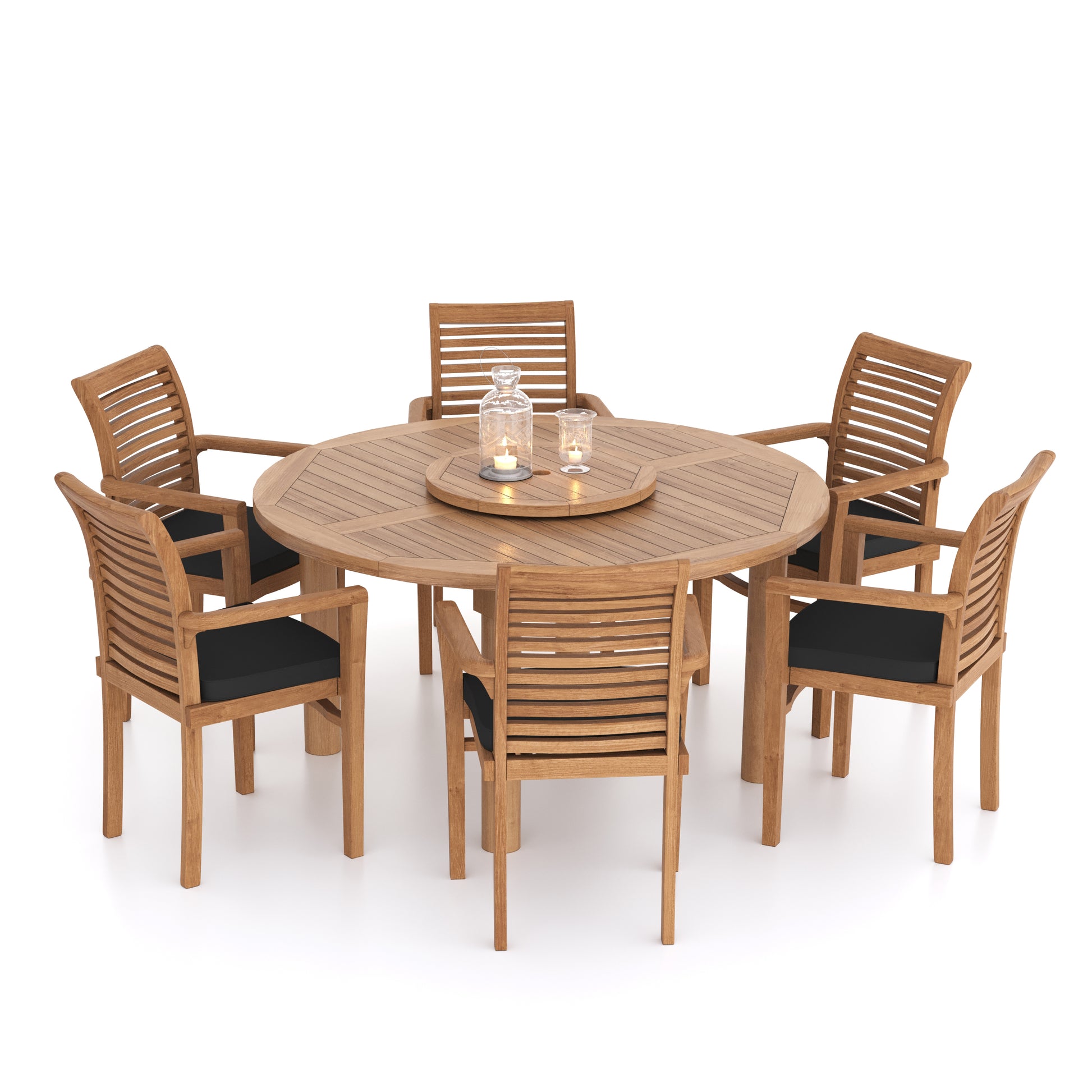 Venlo Teak Set 150cm Maximus Round Table 4cm Top (6 Oxford Stacking Chairs) Cushions included.