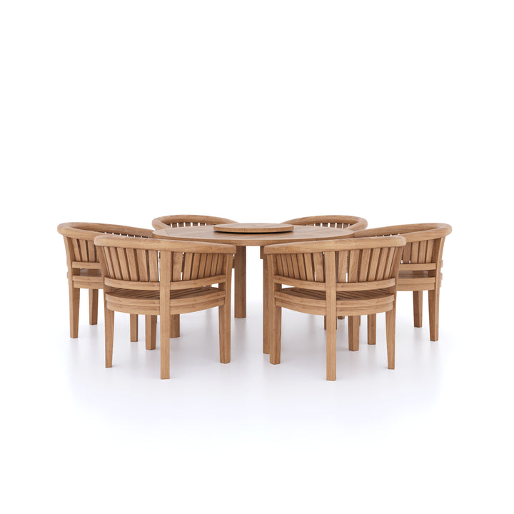 This is Eterna Homes sustainable teak garden furniture outdoor dining set consisting of our 150cm teak dining table, teak chairs and cushions. All of our teak wood is suitable for outdoor dining.