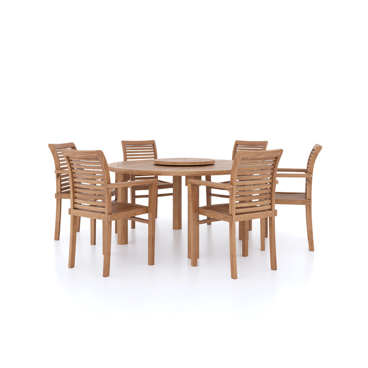 This is Eterna Homes sustainable teak garden furniture outdoor dining set consisting of our 150cm teak dining table, teak chairs and cushions. All of our teak wood is suitable for outdoor dining.