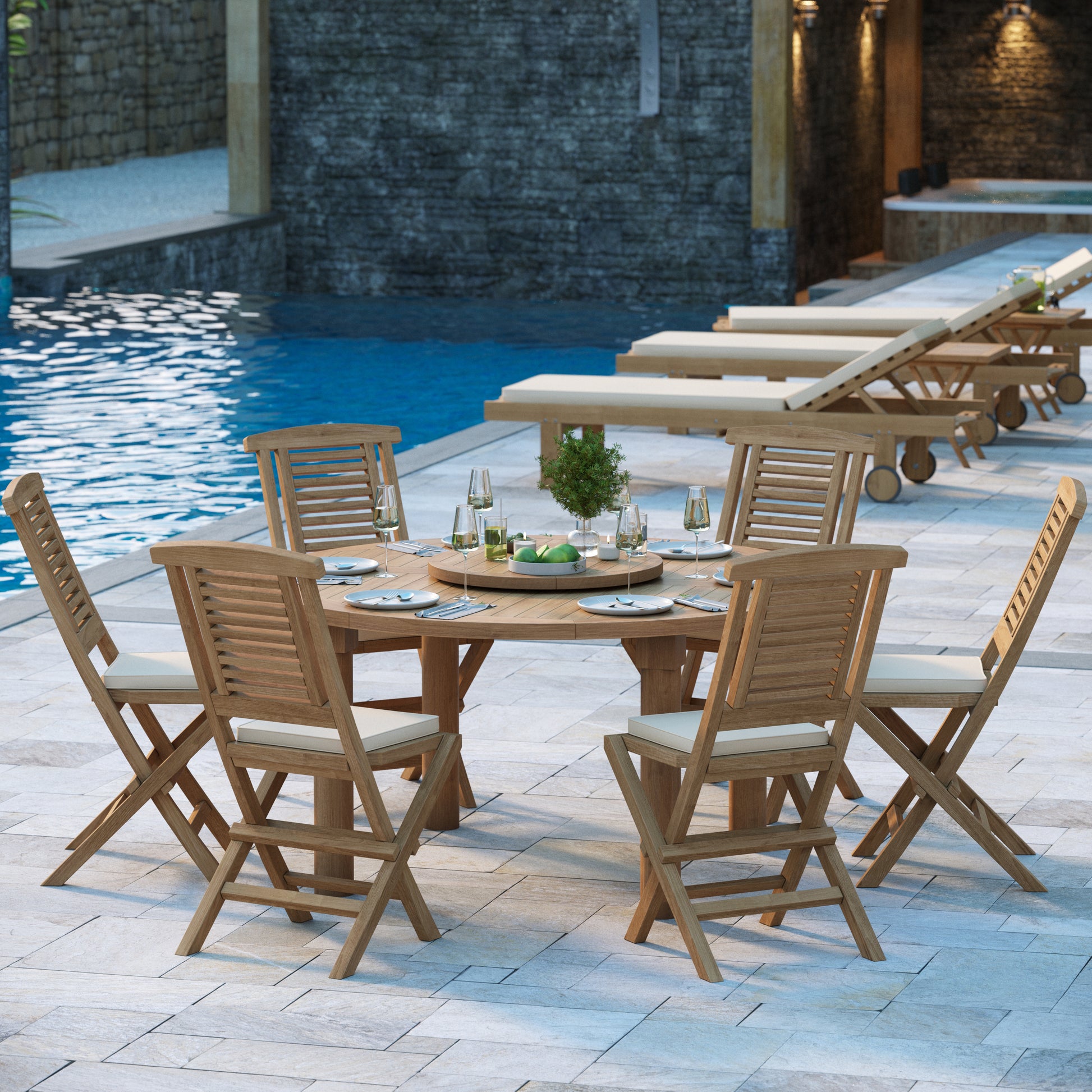 Altea Teak Set 150cm Maximus Round Table with 6 Hampton Folding Chairs (Cushions Included)
