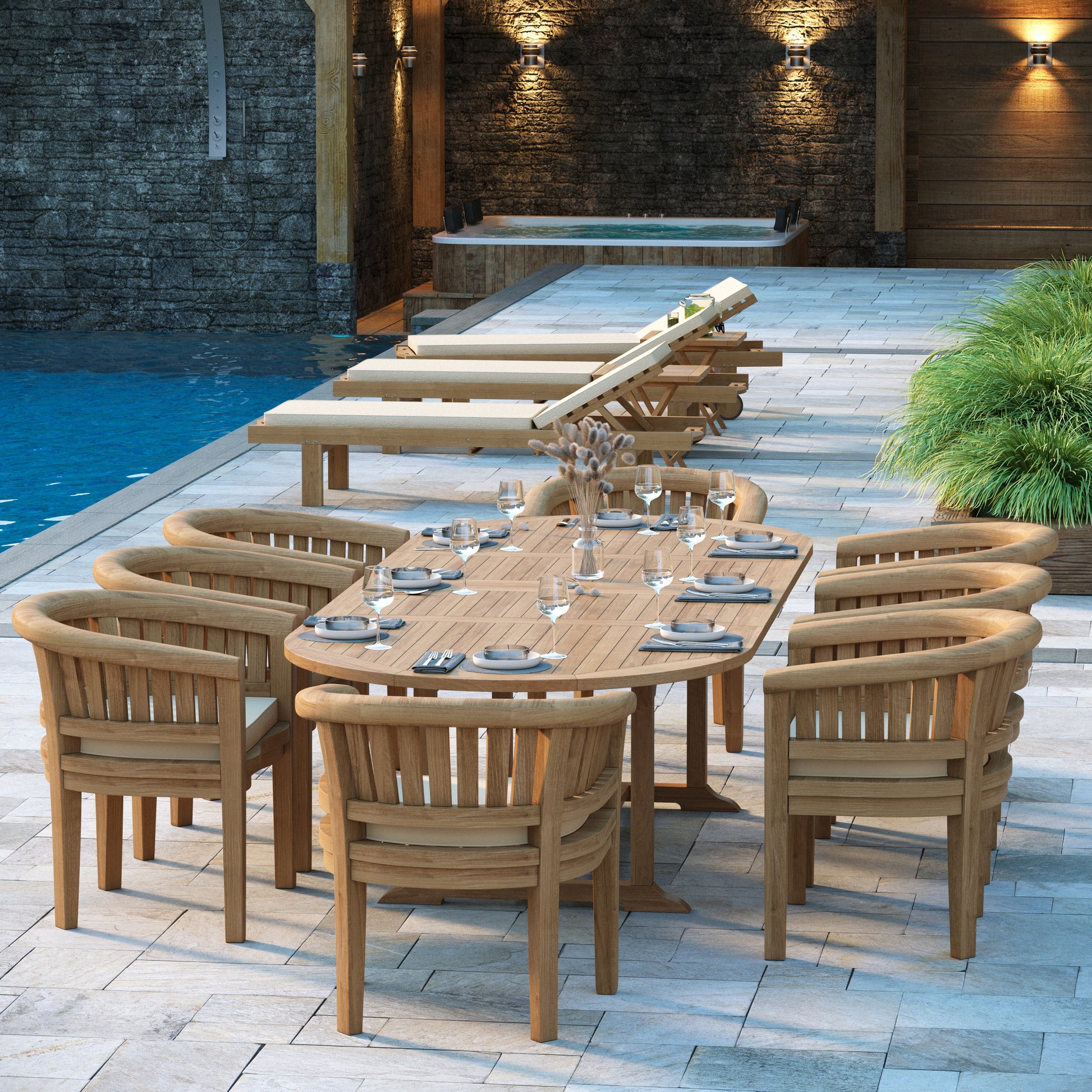  200-300cm oval extending teak set with 8 California chairs and cushions
