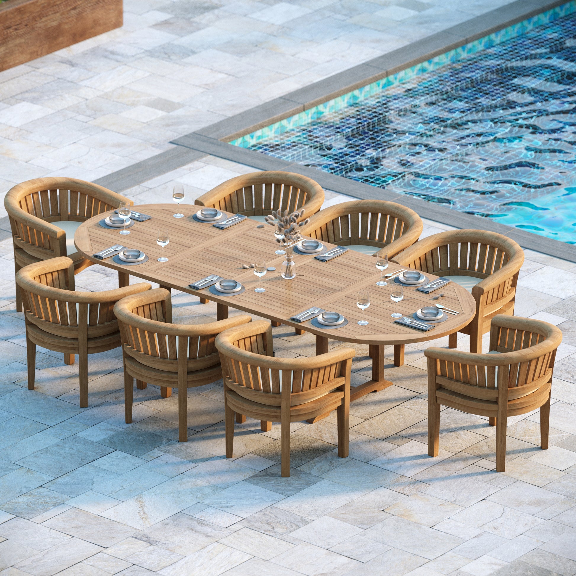 Valetta Teak Set Oval 2-3m Extending Table 4cm Top (8 San Francisco Chairs) Cushions included.